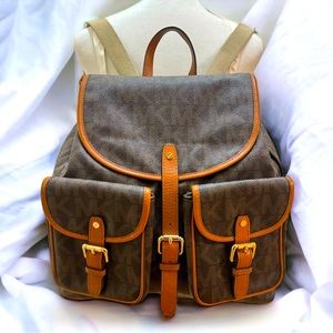 MICHAEL KORS Brown Leather Monogram Jet Set Large Drawstring Backpack